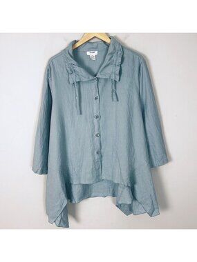 Dorman Blue Linen Button Down Shirt Collared Asymmetric Hem Size Large Women's